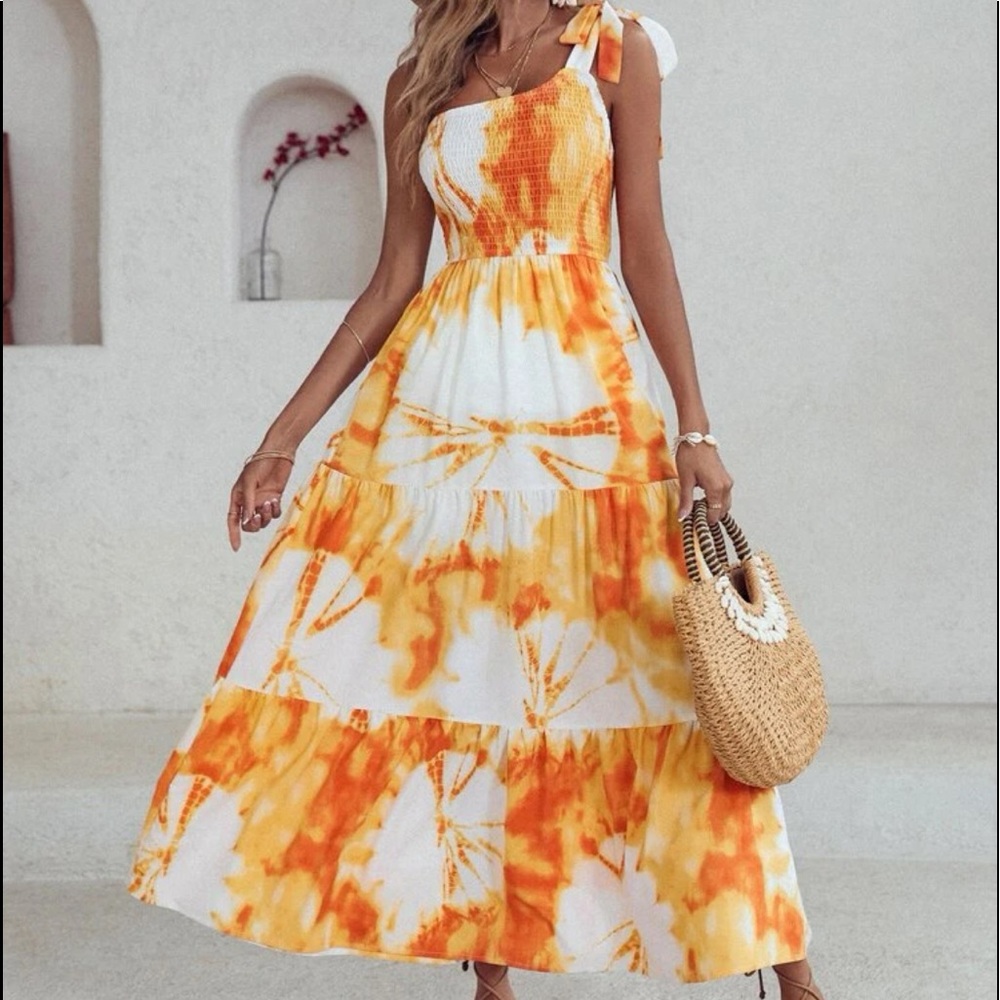 Boho Tie Dye One Shoulder Maxi Dress - Picture 2 of 7